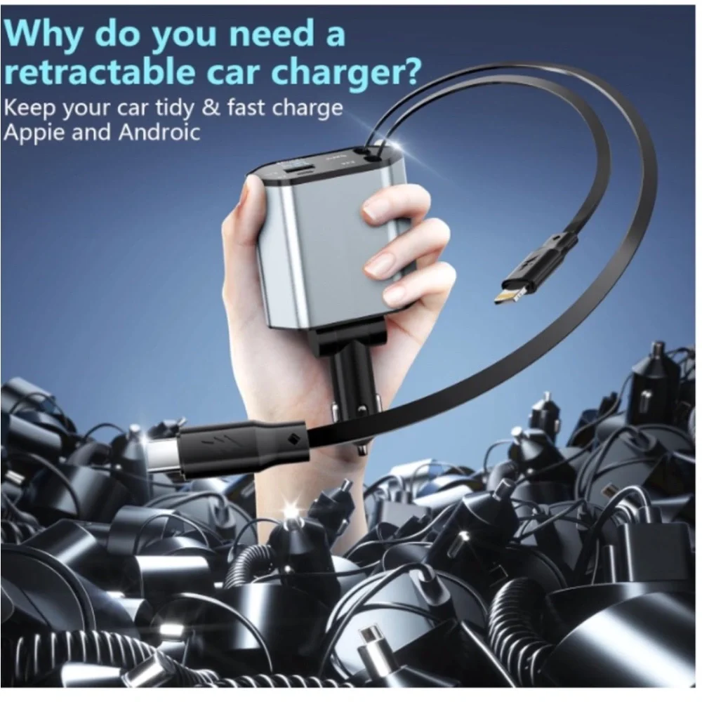 4-in-1 Retractable Car Charger with 2 USB-C/Lightning Cables and Dual USB Ports